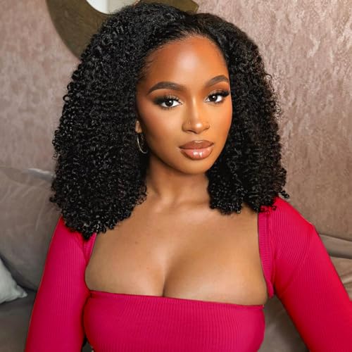 Afro Kinky Curly Human Hair Half Wigs for Black Women Wear & Go Glueless Wigs Human Hair Seamless Kinky Curly Flip Over Drawstring Clip in Half Wig No Sew In 200% Density Natural Color 16 Inch