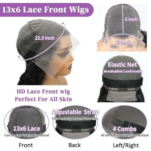 13x6 Lace Front Wigs Human Hair 200 Density Body Wave HD Lace Front Wigs Human Hair Pre Plucked Natural Color Glueless Wigs for Women 22 Inch