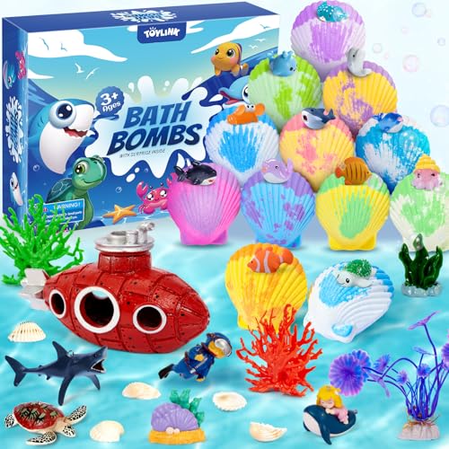 Ocean Bath Bombs for Kids with Toys Inside, 12 Pack Kids Shell Bath Bombs with Surprise Sea Animal Toys for Boys Girls Handmade Bubble Bath Fizzies Birthday Christmas Gift Set