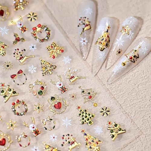 Christmas Nail Art Stickers 5D Embossed Shiny Gold Xmas Tree Nail Stickers Elk Wreath Snowflake Nail Decals for Women Girls Winter Holiday Manicure DIY Nail Supplies