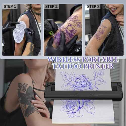 Wireless Tattoo Stencil Printer, Portable Bluetooth Thermal Tattoo Printer with App Custom-Size¡Â?A4, Print Realistic Portraits, 10 Transfer Papers Included, Works for Phone/Tablet/PC - Black