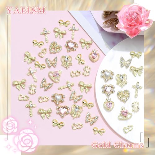 80PCS Gold Nail Charms 12 Shapes Gold Heart Nail Charm 3D Butterfly Nail Charms Alloy Gold Nail Crosses Shiny Money Sign Nail Charms Crystal Pink Planet Charms for Women Nail Art Decoration