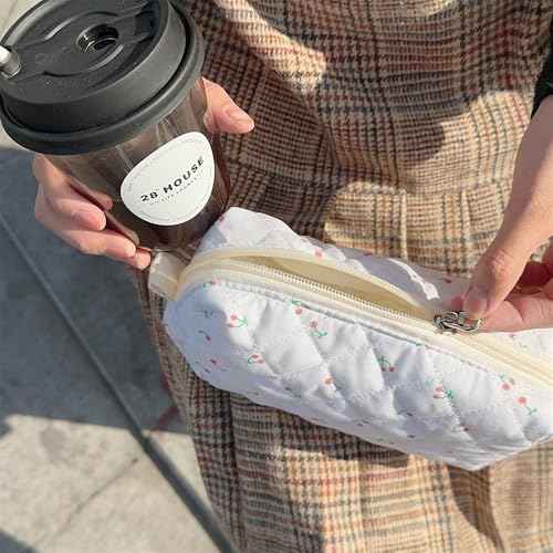 2 Pieces Portable Makeup Bag Travel Small Zipper Cosmetic Bags Organizer for Women Handbag Toiletry Storage Pouch Waterproof Quilting Purse,White Cherry