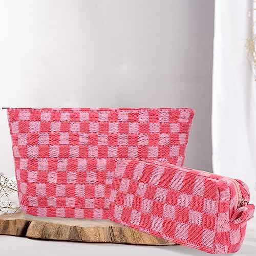 Makeup Bags Checkered Cosmetic Bag- 2PCS Travel Toiletry Bag Aesthetic Portable Accessories Pouch Preppy Pencil Checkered Pencil Pouch Case Cute Brushes Storage Bag for Women - Pink