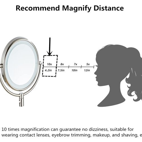 HIHIA Wall Mounted Makeup Mirror with 10X Magnification, 8 Inch Double Sided Vanity Magnifying Vanity Mirror with Led Lights for Girls, USB Rechargeable, Touch Control ON/Off (Nickel)