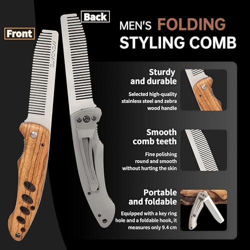 1PC Small Folding Pocket Beard & Mustache & Hair Styling Comb for Men - Metal Tactical Grooming Tool with Wooden Handle, with 180¡Æ Rotatable for Outdoor Travel & Home Use - Length 6.57inch