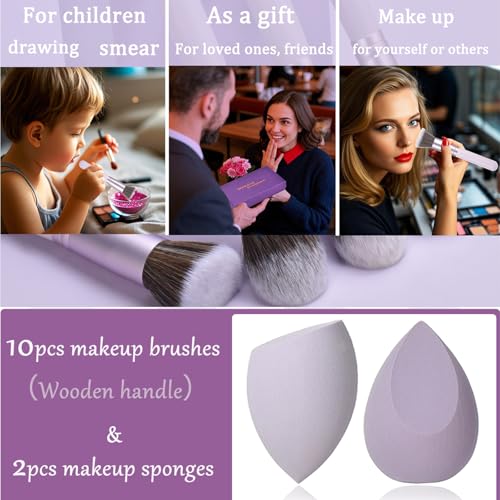 Gift Ready 10 Piece Purple Makeup Brushes Set and 2 Piece Makeup Sponge ? Wooden Handle with Soft Synthetic Bristles, Concealer, Powder ? (Ideal for Christmas, Birthday, Women)