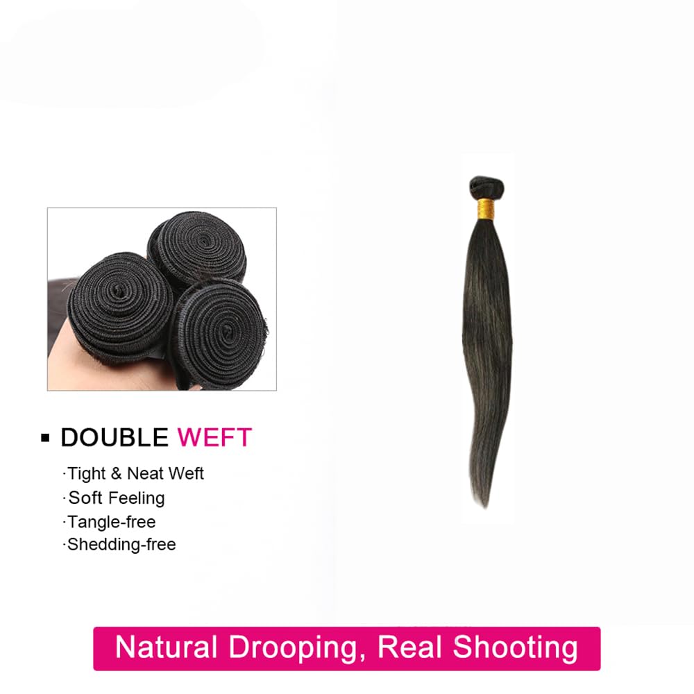 Human Hair 3 Bundles with Closure Straight 100% Unprocessed Virgin Brazilian Hair Bundles with 4x4 Lace Closure Free Part, Double Weft 10A Hair Weave Extensions (16" 16" 16" + 12" Closure)