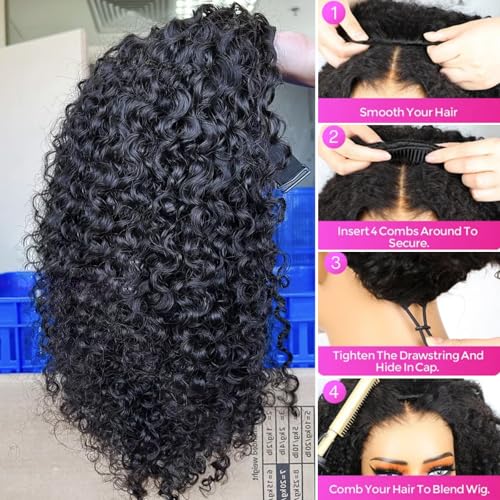 BLG Half Wig Human Hair 250% Density 15A Messy Water Wave Human Hair Flipover 3 In 1 Half Wigs 16 Inch Quick Install Wear and Go Drawstring Wig Beginners Friendly Glueless Wigs