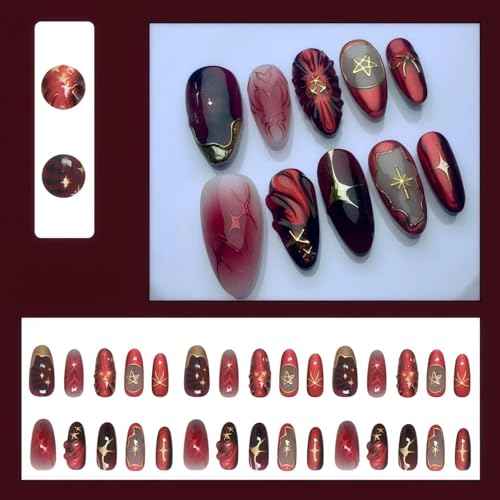 Short Almond Press on Nails Dark Red Fake Nails 3D Gold Designs Nails Press Ons Red Gradient Stick on Nails Full Cover Artificial Nails Gift for Women 24pcs