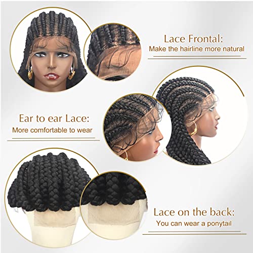 36" Full Lace Braided Wigs for Black Women Jumbo Box Braids Lace Front Wig with Baby Hair Lightweight Synthetic Lace Frontal Black Cornrow Twisted Wigs (Black)