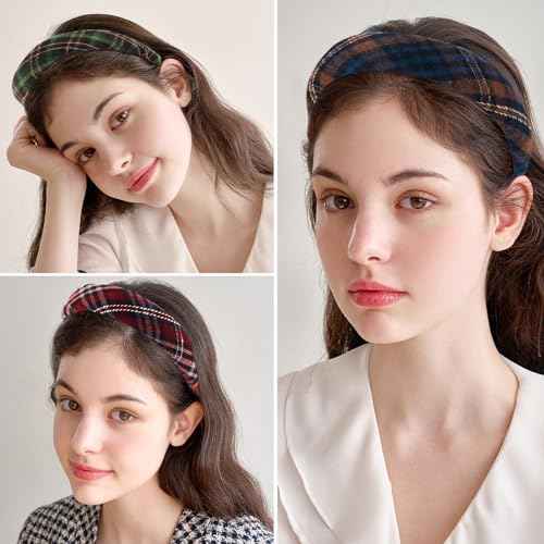 4Pcs Padded Headbands for Women Girls Cute Thick Plaid Hairbands Adult Set Green Navy Blue Brown Red Skincare Hair Hoop Wide Non Slip Soft Headwear Cloth Bulk Fashion Accessories Makeup Christmas Gift