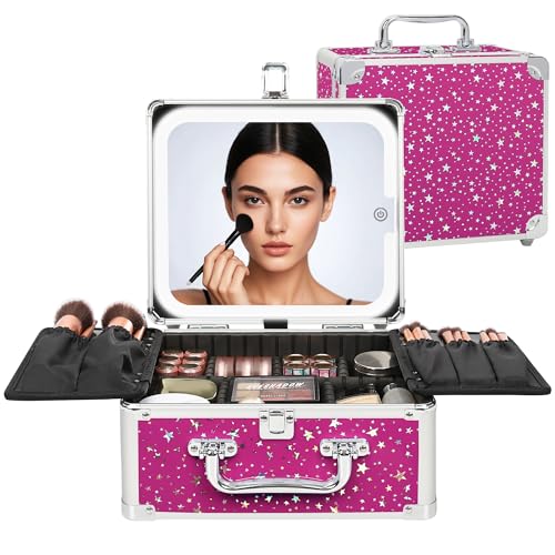 Relavel Makeup Bag with LED Mirror, Makeup Box Travel Train Case with Rechargeable Lighted Mirror, Cosmetic Brush Organizer Storage for Makeup Artists Gifts for Women and Girls, Hot Pink Shining Star