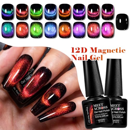 MEET ACROSS 12D Cat Eye Gel Nail Polish Set, Colorful Holographic Cat Eye Glitter Gel Polish Blue Purple Green Nail Gel Polish Kit with Base Top Coat and Magnet Soak Off Nail Art Gel DIY Salon Gift