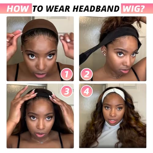 Highlight Ombre Headband Wig Human Hair 4/27 Highlight Body Wave Wigs Human Hair for Black Women Wear and Go Glueless None Lace Front Wigs Brazilian Virgin Headband Wig Human Hair 22 Inch