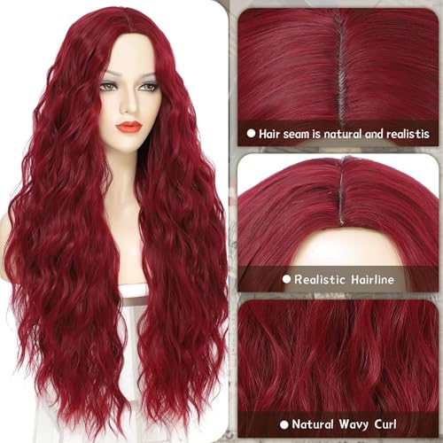 30 Inch Burgundy Wigs for Women Wine Red Wig 99J Long Wavy Wig Natural Looking Middle Part Synthetic Heat Resistant Wigs for Cosplay Halloween Christmas Gifts Party Daily Use