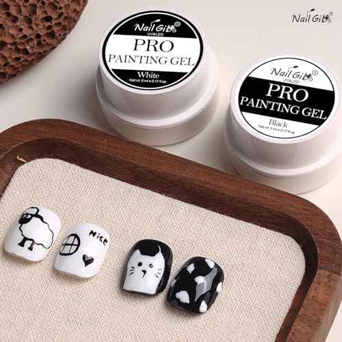 NAILGIL Gel Paint for Nails Art, Black and White Painting Gel for Drawing Striper Liner Floral Nail Art Cured UV LED DIY for Salon Home DIY Manicure, 2pcs