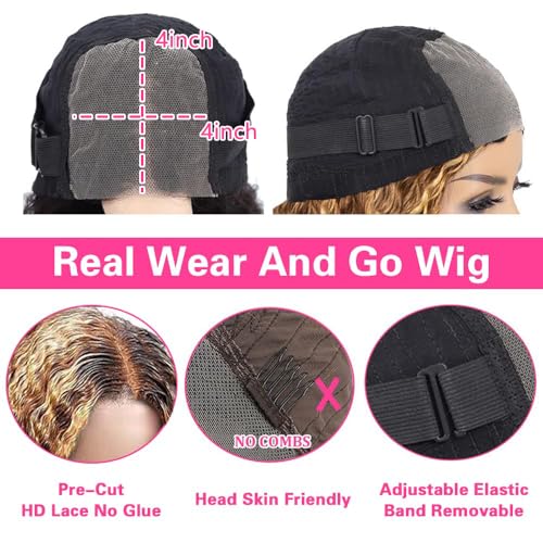 Highlight Ombre Wear and Go Glueless Hd Transparent Deep Curly Honey Blonde Lace Front Wigs Human Hair Pre Plucked with Baby Hair 200% Density 4/27 Water Wave Wig Human Hair