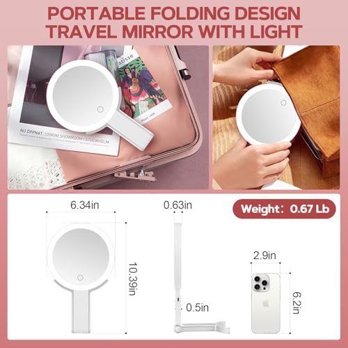 MIYADIVA Lighted Makeup Mirror, 30X Magnifying Mirror with Light and Adjustable Brightness, Hanging and Handheld Mirror with Handle, Portable Travel Makeup Mirror with Lights, Vanity Mirrors for Women