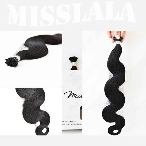 Misslala I Tip Hair Extensions Human Hair 22 Inch Fusion Wavy Hair Extensions Color #1B Off Black Keratin Bond Hair Extensions Wavy Human Hair Black Hair Extensions 50S/40G 0.8g/s