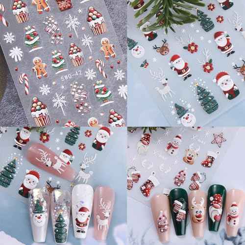 5D Embossed Christmas Nail Art Stickers Xmas Nail Decals Cute Santa Claus Christmas Tree Cake Candy Snowflake Snowman Nail Designs Christmas Nail Supplies Decoration for Women DIY Manicure Accessories