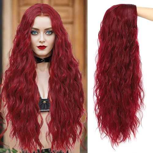 30 Inch Burgundy Wigs for Women Wine Red Wig 99J Long Wavy Wig Natural Looking Middle Part Synthetic Heat Resistant Wigs for Cosplay Halloween Christmas Gifts Party Daily Use