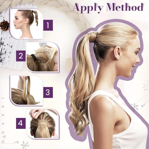 LaaVoo Ponytail Extension Human Hair Black Pony Tails Hair Extensions Real Human Hair Long Ponytail Hair Extensions Black Balayage Dark Brown Mix Caramel Blonde 20 Inch 80g