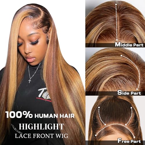 Highlight Wig Human Hair 28inch 200% Density 100 Natural Human Hair Wigs For Women 13x4 Full Frontal Transparent HD Lace Pre Plucked Ombre Straight Lace Front Wig Human Hair Brown Colored Glueless