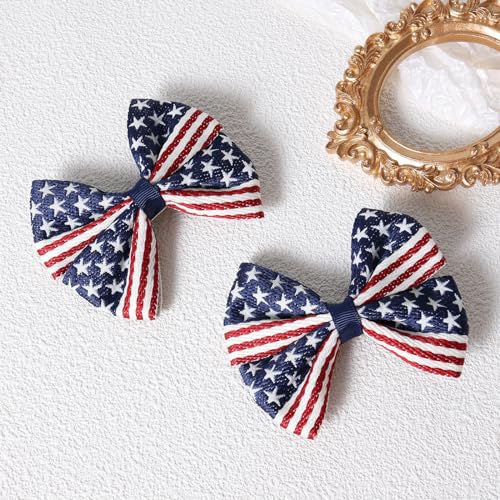 4 Pcs Girls American Flag Hair Bow Clips Patriotic Red White and Blue Stars Stripes Alligator Hair Pins Barrette July Fourth Independence Memorial Day Outfit Decor Accessories Gift