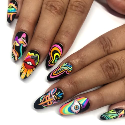 Almond Press on Nails Medium Length Black Fake Nails Matte Stick on Nails Full Cover False Nails with Colorful Graffiti Abstraction Lips Design Acrylic Nails Evil Eye Mushroom Glue on Nails for Women