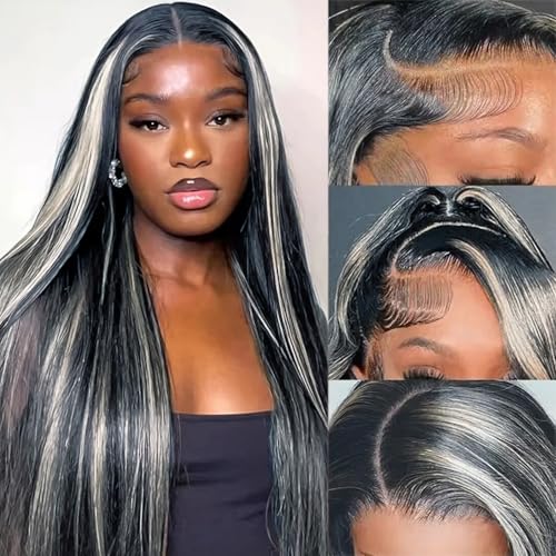 Black with Grey Highlights Wig Human Hair Lace Front Wigs for Black Women Pre Plucked with Baby Hair 180% Density 13x4 Balayage Wear and Go Glueless Wigs Human Hair Straight 16 Inch Tiny Knots