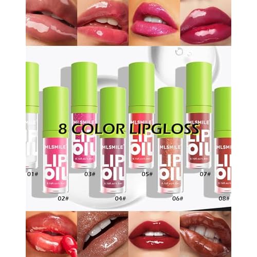 4 Colors Lip Oil Lip Glaze,Hydrating Tinted Plumping Lip Gloss,Clear Pink Shiny Glow Reviver Lip Care Oil,Longlasting Non-sticky Transparent Lip Oil,Women's Day Makeup Gift Kit for Women-SetA
