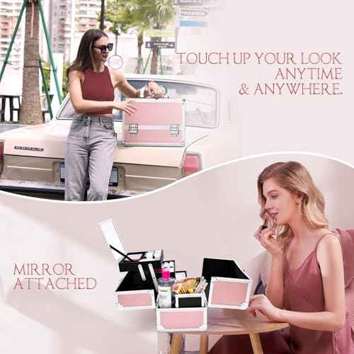 Joligrace Makeup Train Case Cosmetic Box 11.8 Inches Jewelry Organizer Professional 3 Tiers Trays with Mirror and Brush Holder Lockable Key Portable Travel Mermaid Pink