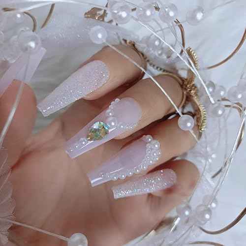 24Pcs Pearl Pink Press on Nails Long Fake Nails Acrylic Ballet coffin Design Nails for Women and Girls False Nails
