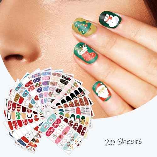 SILPECWEE 20 Sheets Christmas Nail Polish Stickers Full Nail Wraps Stick on Nail Polish Strips Gel Nail Strips Self Adhesive Holiday Manicure Fingernail Sticker Nails for Women with Nail File