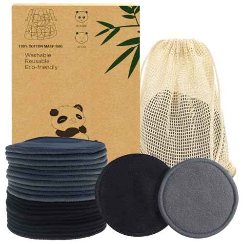 Reusable Makeup Removal Pads - 20 Pack with Laundry Bag - Soft Black Reusable Cotton Makeup Remover Pads for Face - Washable Bamboo Cotton Rounds