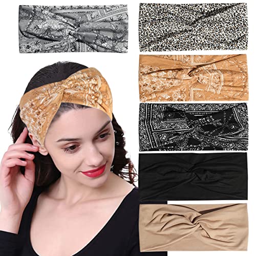 Artilady 6 Pack Boho Headbands for Women - Wide Bandana Headband Non Slip Stretchy Cheetah Paisley Print Turban Headwarp Twisted for Girls