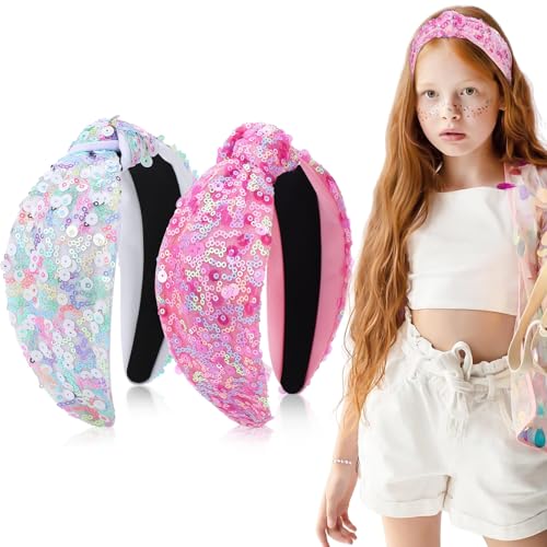 obeoby 2 Pack Sequin Headbands for Girls, Rainbow Knotted Headband Sparkly Hair Bands Stocking Stuffers for Kids Girls