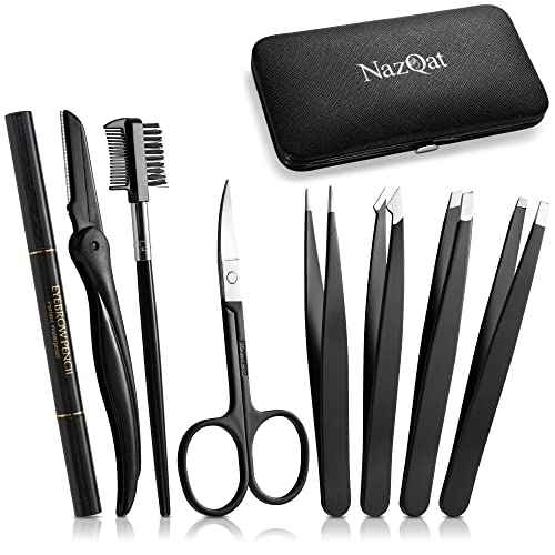 Eyebrow Trimmer 8-Pack - Eyebrow Tweezers Set - Eyebrow Shaping Kit for Women & Men With Razor, Brush With Comb, Pencil, and Scissors in Padded Case