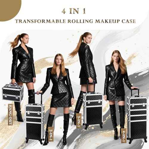 Stagiant Rolling Makeup Case Cosmetology Case on Wheels 4 in 1 Large Cosmetic Organizer Train Case Makeup Travel Case with Key Swivel Wheels Nail Artist Salon Storage Traveling Cart Trunk Black