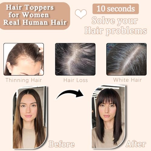 Hair Toppers for Women Real Human Hair,360¡Æ3D Big Basement Cover Topper for Women with Thinning Crown with Wispy Clip in Bangs Realistic Scalp (1B, 3D Wispy Bangs 14INCH)