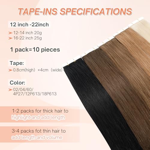 Benehair Tape in Human Hair Extensions, 20 inch Straight Invisible Tape Extensions Remy Blonde Hair Extensions 10pcs 20g Medium Brown Mix Dark Blonde 4p27