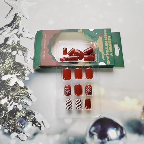 24 Pcs Christmas Red Press on Nails Short Square - LINMEIZAI Xmas French Fake Nails Press ons Nail Art Tips Glue on Nails Full Cover Acrylic False Nails with Glossy Snowflake Stripes Design for Women