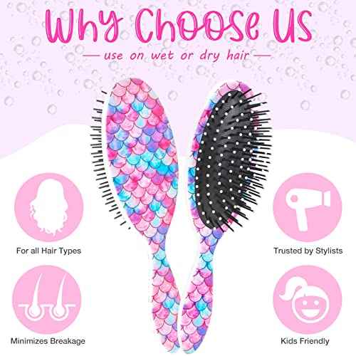 Girls Detangling Brush for Curly, Wet/Dry, and Thick Hair - Pain-Free Mermaid Tail Design for Kids and Women