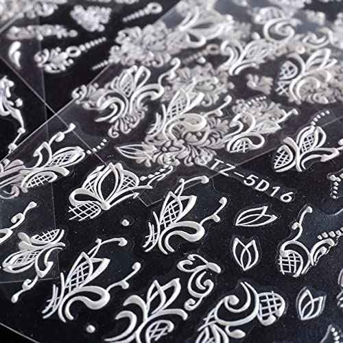 4 Sheets Flower Nail Art Sticker Decals - 5D Stereoscopic Embossed Acrylic Nail Stickers Self-Adhesive Nail Art Supplies White Lace Retro Floral Nail Designs DIY Manicure Decoration for Women Girls