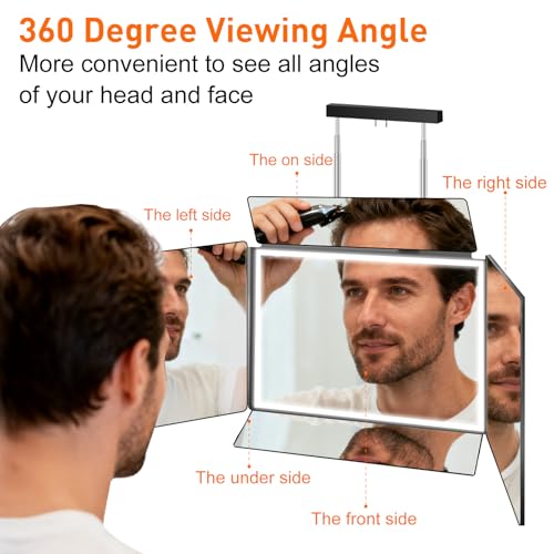 5 Way Mirror for Self Hair Cutting,360 Haircuts Mirror Men for Barber Use Tools,to See Back of Head,Tri Fold with Portable Height Adjustable Telescoping Hooks