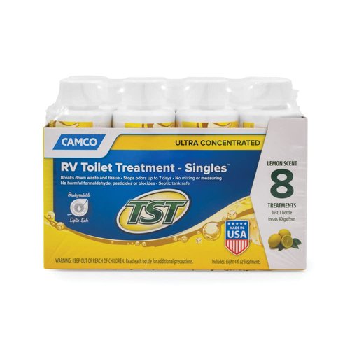 Camco TST MAX RV Toilet Treatment - Formaldehyde Free - Breaks Down Waste And Tissue - Septic Tank Safe - Treats up to 8 - 40 Gallon Holding Tanks -Lemon Scent, (8) 4 oz Bottles (41571)