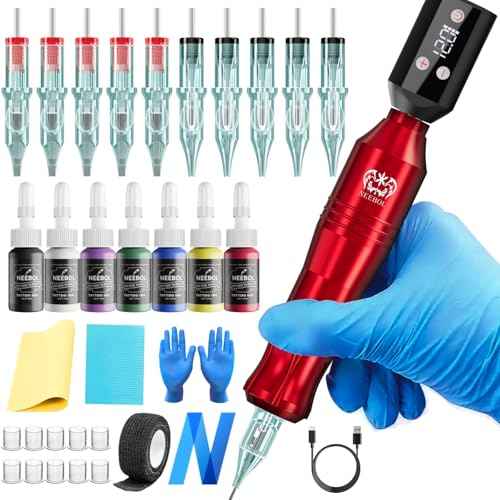 NEEBOL Wireless Tattoo Gun, Rotary Tattoo Pen, 1500mAH Battery, 10 Cartridge Needles, Digital LED Display Tattoo Accessories Complete Tattoo Machine Kit Gift for Tattoo Artists and Beginners (Red)