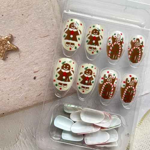 24 Pcs Christmas Press on Nails Almond Medium Fake Nails with Cute Cartoon Snowflake Design Cute Almond False Nails Christmas Glue on Nail Artificial Full Cover Stick on Nails for Women Girls