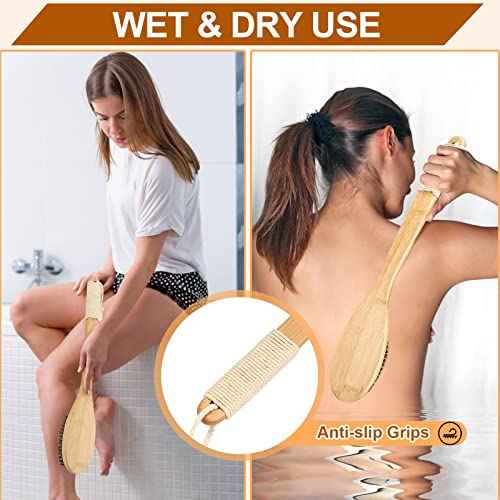 Bamboo Shower Brush with Curved Long Handle, 16.7 Inches Exfoliating Back Scrubber with Natural Bristles for Men & Women, Back Exfoliator Body Washer for Bath or Dry Brushing